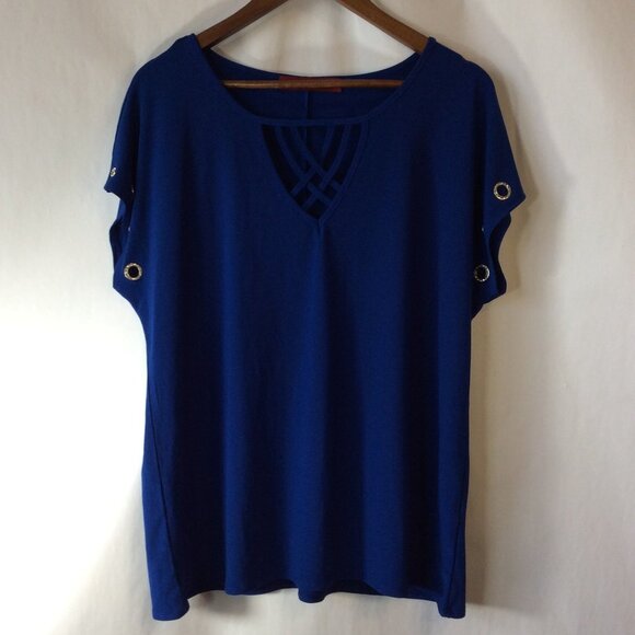 Love Scarlett Blue Blouse with Criss Cross Chest & Short Sleeves Size XL - Picture 5 of 8